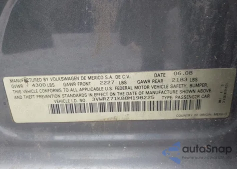 2008 Volkswagen Jetta Se/Sel из США, поврежденный, VIN 3VWRZ71K88M198225